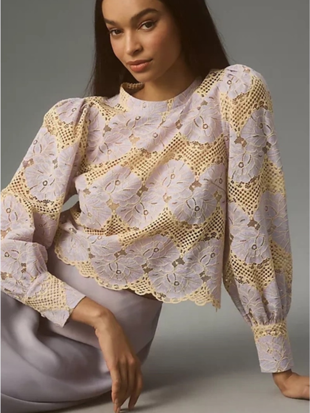 Anthropologie Dolan Lilac Floral Lace Puff-Sleeve Blouse Size Small